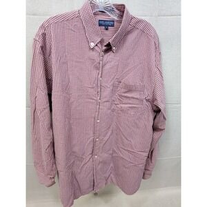 John Ashford Mens Medium Red White Gingham Check Button Down Shirt 100% Cotton